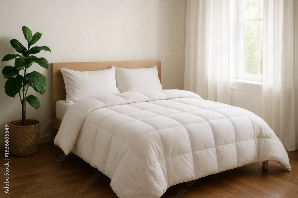 Obraz premium A Serene Bedroom with a Plush White Comforter and a Touch of Nature