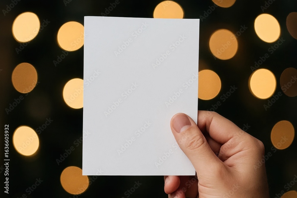 Obraz premium A hand holds a blank white card against a bokeh background of warm orange lights