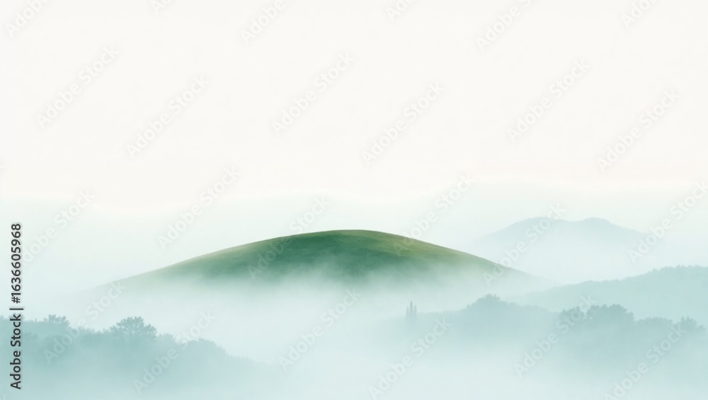 Fototapeta premium Green hill in misty morning landscape with soft white sky