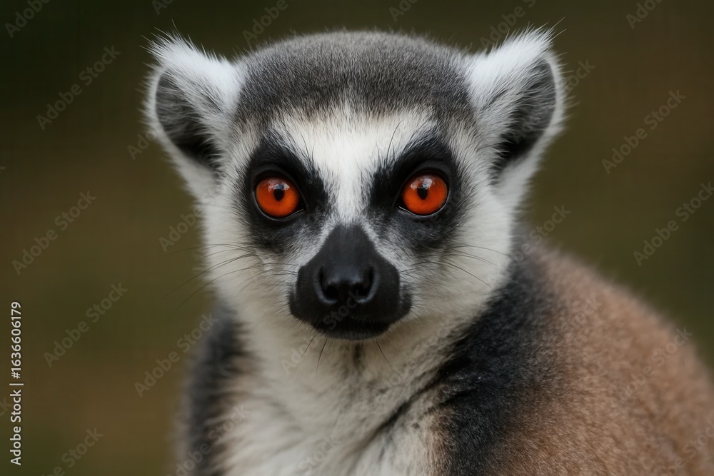 A captivating gaze of a lemur with striking red eyes against a blurred green backdrop A captivating gaze of a lemur with striking red eyes against a blurred green backdrop
