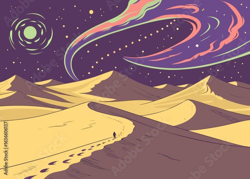 Lone figure walks through desert dunes under aurora borealis