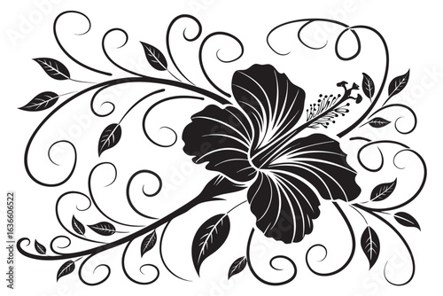 Floral Serenade: A striking artistic rendering of a hibiscus flower, surrounded by elegant swirls and foliage, creating a harmonious symphony of nature's beauty.