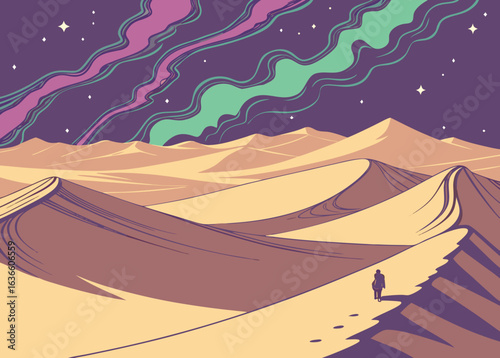 Person walks on sand dune path under colorful night sky