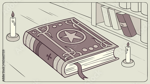 Mysterious ancient spellbook with a star emblem rests on a wooden table illuminated by flickering candlelight beside a bookshelf filled with old tomes