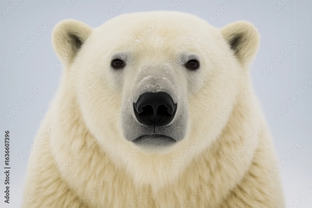 Fototapeta premium A majestic polar bear stands in stark contrast against a serene blue background, its gaze piercing and unwavering