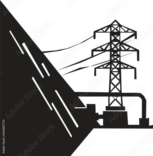 A black and white image of a power plant with a large power tower. Minimalist Energy plant Silhouette vector illustration.