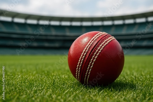 A lone red cricket ball rests on the verdant grass of a stadium, symbolizing the anticipation of an exciting match