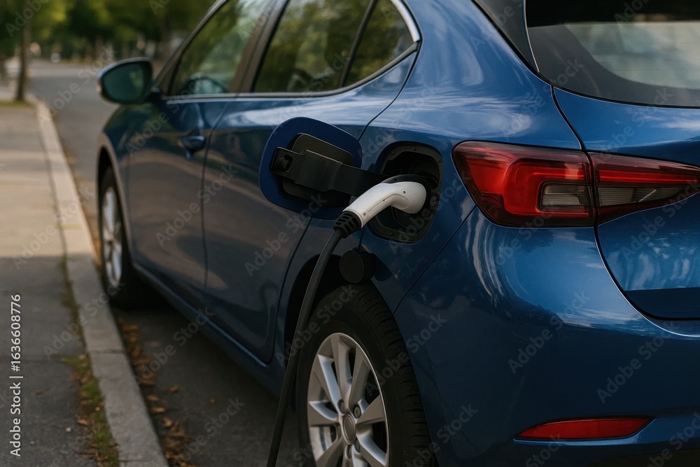 Fototapeta premium A Blue Hatchback Electric Vehicle on a City Street