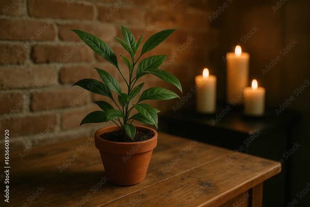 Fototapeta premium A serene indoor setting with a potted plant on a wooden table, accompanied by three lit candles casting a warm glow against a rustic brick wall