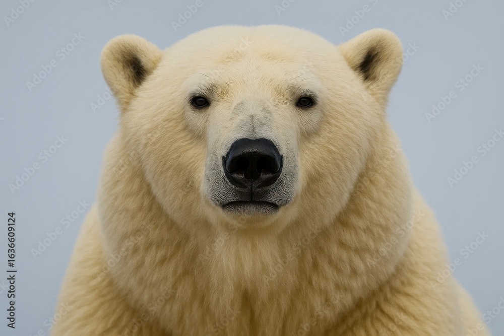 A majestic polar bear gazes directly into the camera, its fur a stark white against the muted backdrop of a gray sky A majestic polar bear gazes directly into the camera, its fur a stark white against the muted backdrop of a gray sky