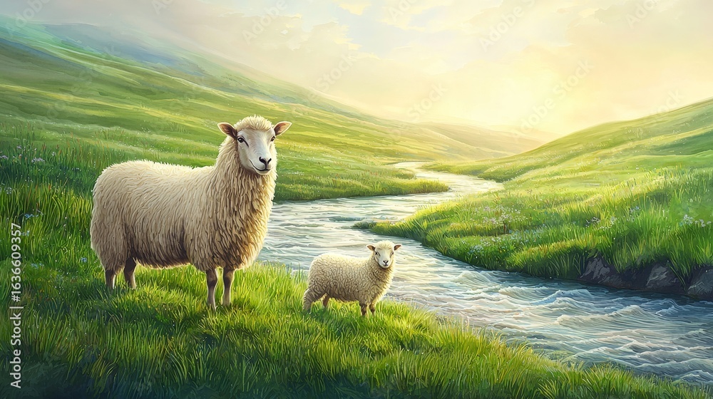 Obraz premium Serene river flowing through open plain with sheep rural landscape nature photography early morning light