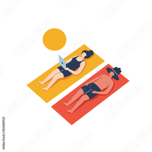 Couple relaxing on beach towels while sunbathing in summer  sunbathing together