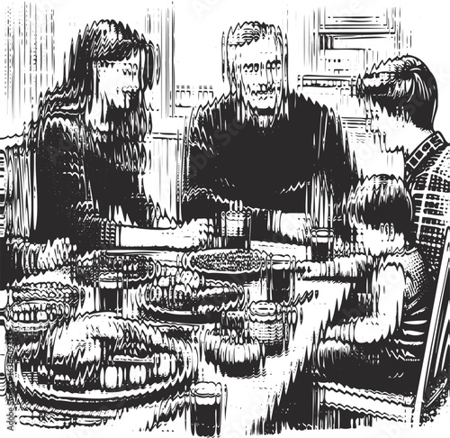  Monochrome glass effect texture of a couple sitting together at a family gathering, intimate moment, modern digital art