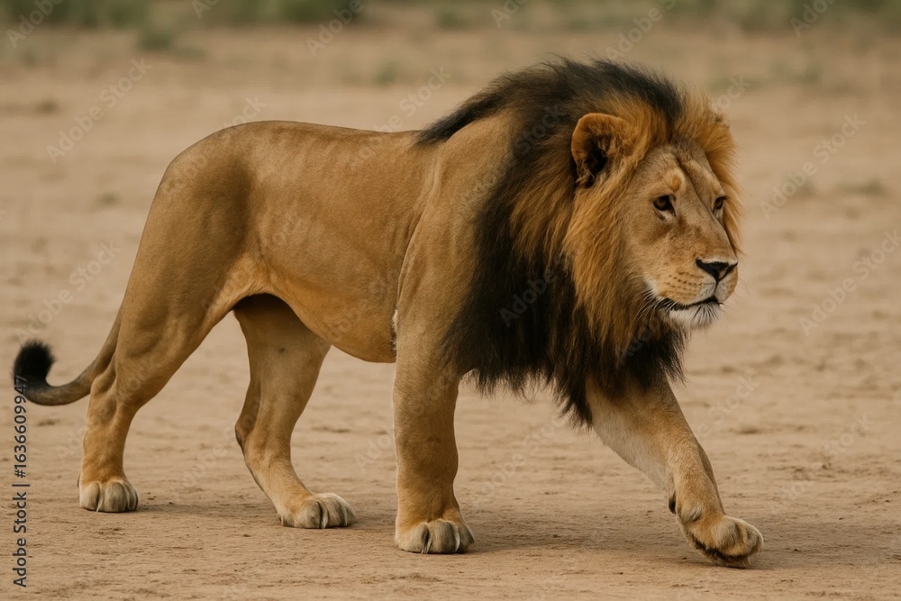 Obraz premium A lone lion strides confidently across the savanna, its majestic gaze meeting the camera's lens
