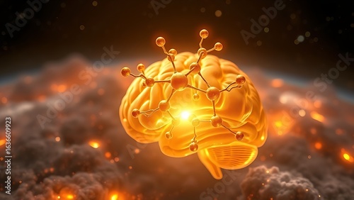 A golden molecular structure of spermidine floating above a brain-shaped nebula, glowing with energy.