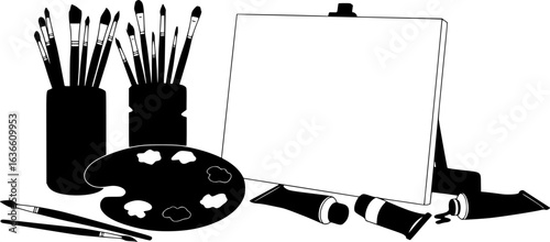 Artistic Creation: A collection of essential art supplies, including paintbrushes, palette, canvas, and paint.