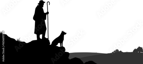 Silhouette of Shepherd and Dog: A shepherd stands atop a rocky outcrop, staff in hand, with his loyal dog by his side, both silhouetted against horizon in a moment of rural tranquility