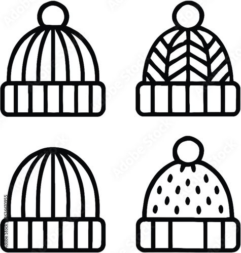 Set of four outline winter hats with pom-poms in various knit patterns and textures,  Concept of winter fashion, warmth, clothing, and seasonal accessories, icons set collection
