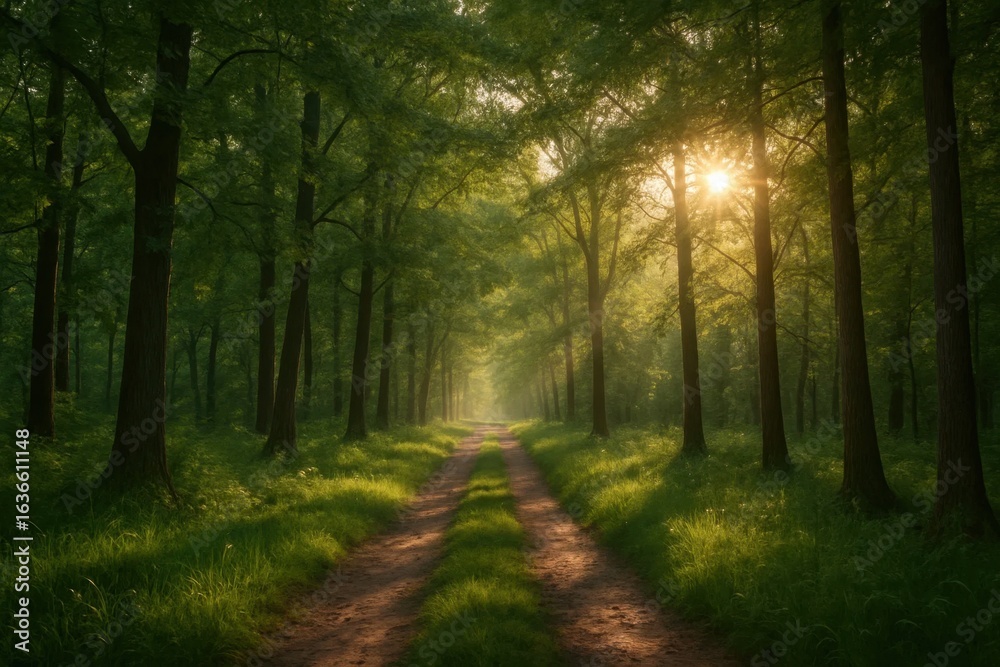 Fototapeta premium A Serene Forest Pathway Illuminated by Nature's Radiant Light