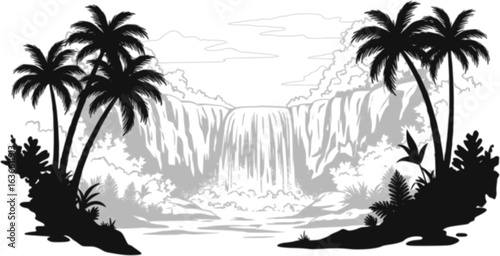 ropical Paradise Waterfall Illustration: A captivating illustration depicts a cascading waterfall nestled within a lush tropical paradise, surrounded by dense vegetation and majestic palm trees. 