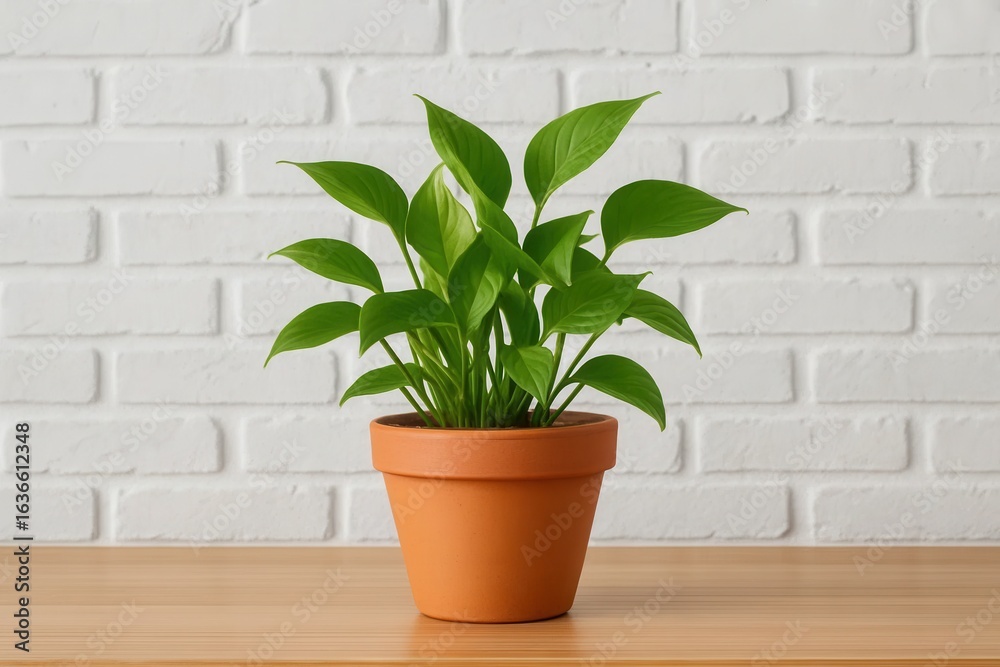 Fototapeta premium A lush green fern thrives in a terracotta pot against a pristine white brick wall, symbolizing the beauty of greenery brought into our living spaces