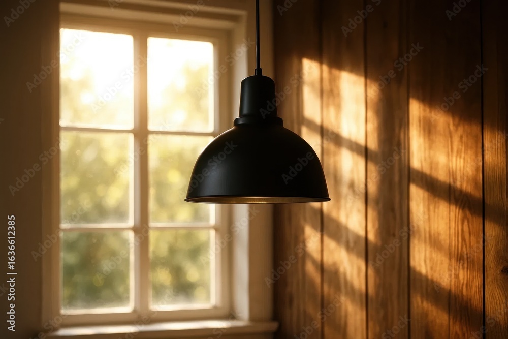 Obraz premium Sunlight streams through a window, casting a warm glow on a black pendant light hanging from a wooden wall
