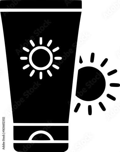 Sun Protection Icon: A simple yet impactful icon representing sun protection in the form of a sunscreen bottle with a sun graphic, ideal for websites, mobile apps.