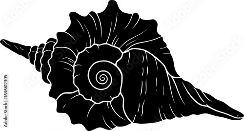Seashell Icon: A bold, black silhouette of a conch shell, showcasing its intricate spiral and textured form. Perfect for summer themes, ocean designs, or nautical projects. 