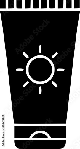 Sun Protection Icon: A simple yet impactful icon representing sun protection in the form of a sunscreen bottle with a sun graphic, ideal for websites, mobile apps.