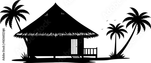 Island Retreat: A graphic illustration of a tropical hut, featuring a thatched roof, palm trees, and a door, offering a sense of escape and tranquility. 