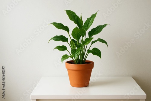 A lush green plant thrives in a simple terracotta pot against a pristine white wall, symbolizing nature's resilience and the beauty of simplicity