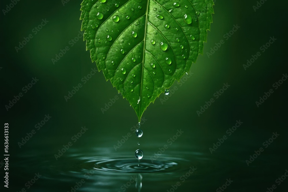Fototapeta premium A Single Droplet of Water Graces a Lush Green Leaf