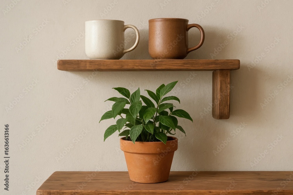Fototapeta premium Two mugs rest on a wooden shelf, flanked by a potted plant, evoking a sense of warmth and homeliness