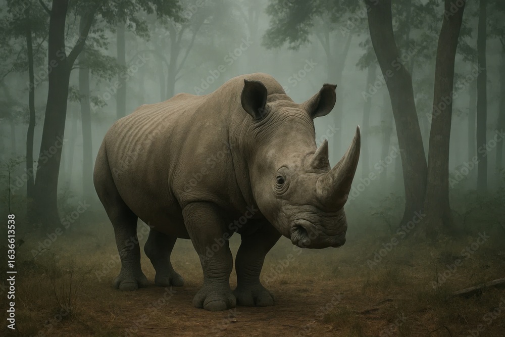 Obraz premium A lone rhinoceros stands resolute in a misty forest, its stark form contrasting with the soft hues of nature around it