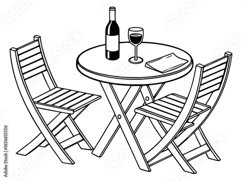 “A minimalist black and white sketch showing a round table with two matching chairs, each with slatted backs. A bottle of wine and two glasses sit at the center. Overhead view.”