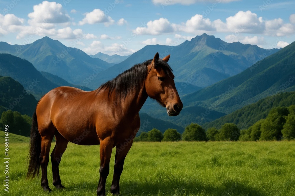 Fototapeta premium A Horse in Serene Mountain Meadows