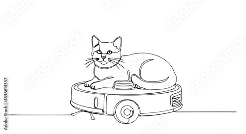 Cute domestic cat pet kitten resting on a robot vacuum cleaner device. Smart home cleaning concept. Continuous one line art drawing. Isolated vector illustration on white background