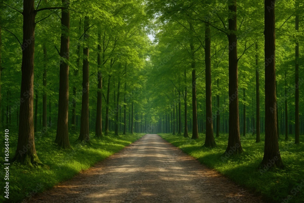 Obraz premium A serene pathway through a lush forest, bathed in the soft glow of dappled sunlight