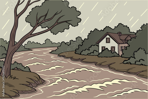 Flooded Arkansas River cutting through Little Rock, tree branches swept aside as brown water races past neighborhoods