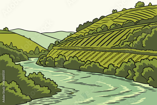 Rhone River in southeastern France, flowing quickly past vineyard-covered hills and crumbling riverbanks