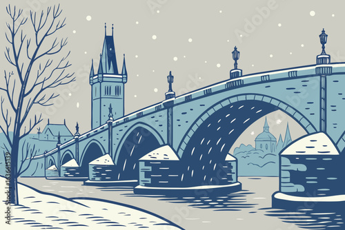 Ice-cold waters of the Vltava River in Prague, rushing beneath medieval arches with snow flurries overhead