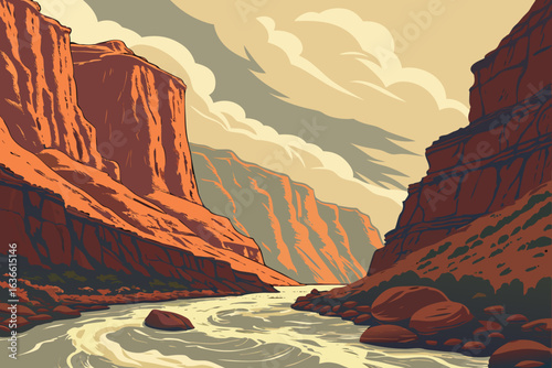 Raging Colorado River in the Grand Canyon, whitewater crashing against red rock cliffs under a cloud-streaked sky