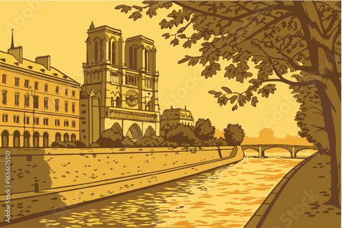 Sunlit Seine River in central Paris, slow waves lapping stone walls and autumn leaves floating along