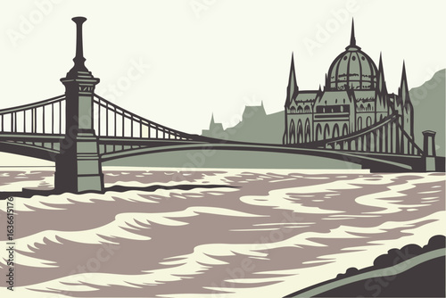 Swollen Danube River in Budapest, surging under historic bridges with murky water brushing the quay
