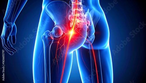 Digital illustration of sciatic nerve pain radiating from lower back to leg, highlighting neural discomfort and anatomical detail.