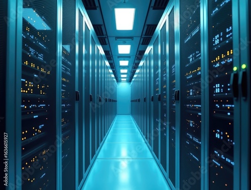Server racks in a sterile data canter, pulsing with blue light, AI processing. 
