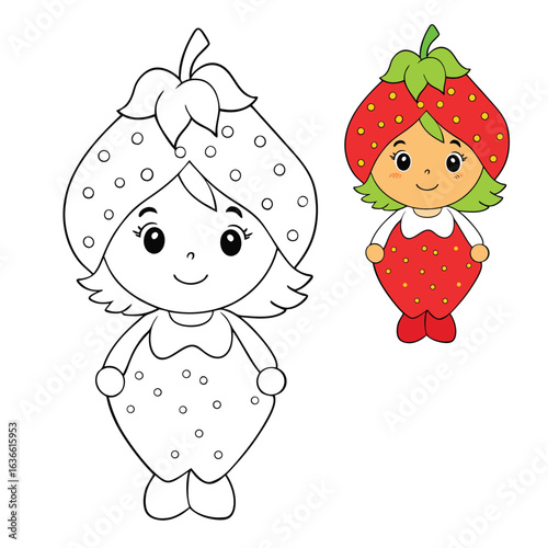 Adorable strawberry-themed doll coloring page, featuring a cute doll in a berry dress with sweet details, perfect for kids to add vibrant colors and creative flair.
