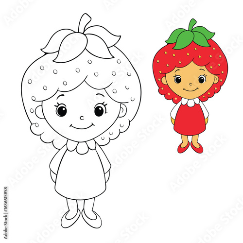 Adorable strawberry-themed doll coloring page, featuring a cute doll in a berry dress with sweet details, perfect for kids to add vibrant colors and creative flair.
