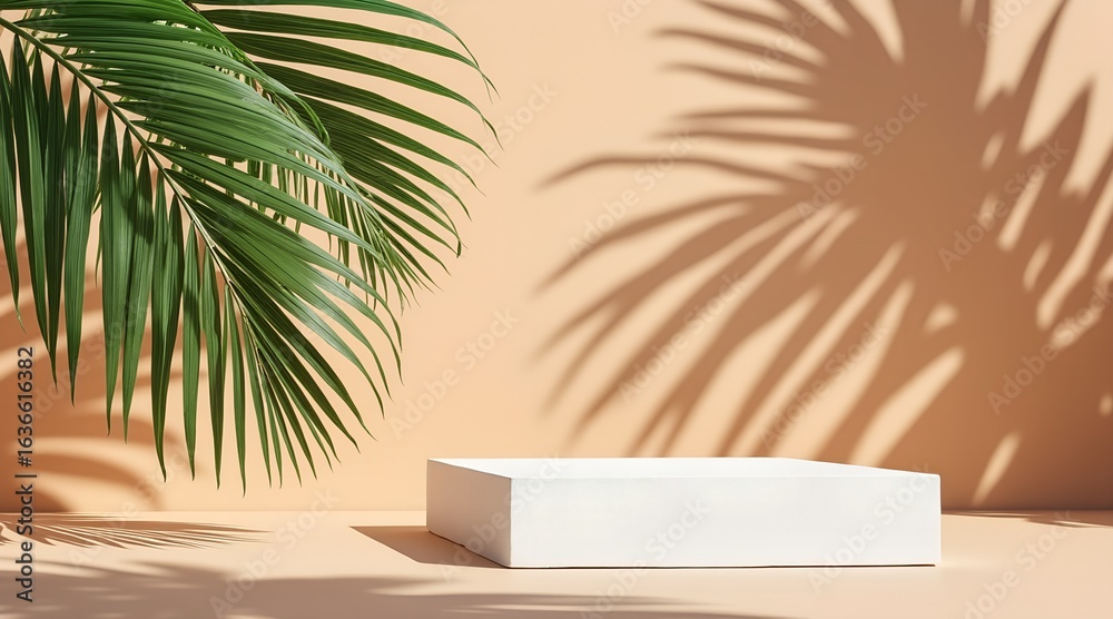 Minimalist product display platform with tropical palm leaf shadows Minimalist product display platform with tropical palm leaf shadows