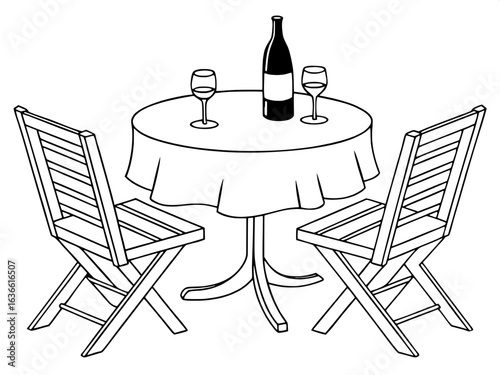 “Illustrate a simple and elegant dining arrangement: round table, two slatted chairs, wine bottle and glasses—all viewed directly from above in a clean, monochrome style.”